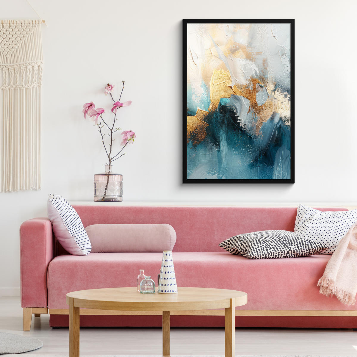 ZARÁMOVANÝ PLAGÁT Abstraktné - umenie - zlaté - modré 60x90 cm - petrolejová, papier (60/90cm) - MuchoWow