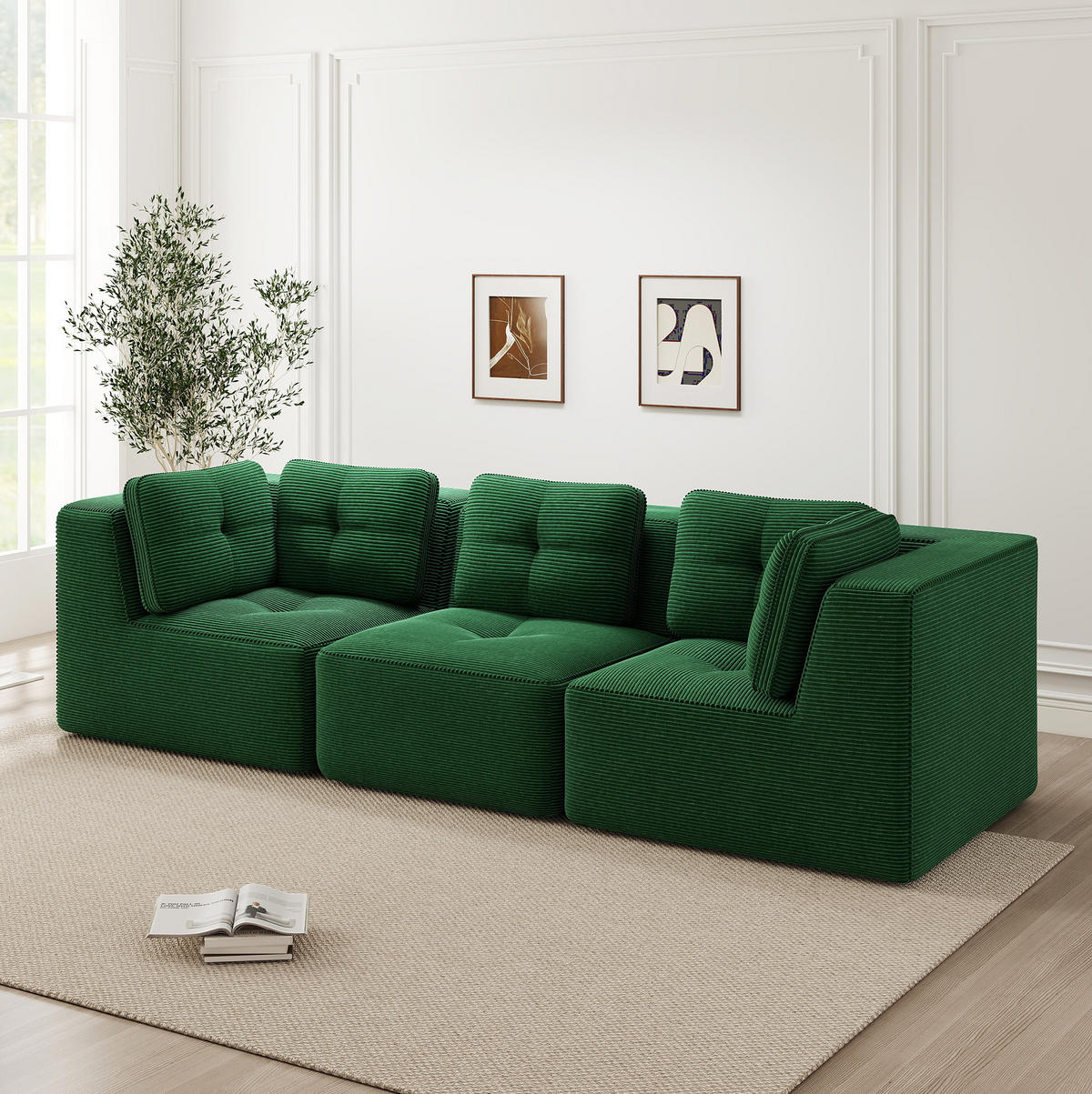 SOFA 297/104/69 cm in Grün aus Cord mit tiefem Sitzkomfort - Grün, Textil (104/69/297cm) - Flora Grace