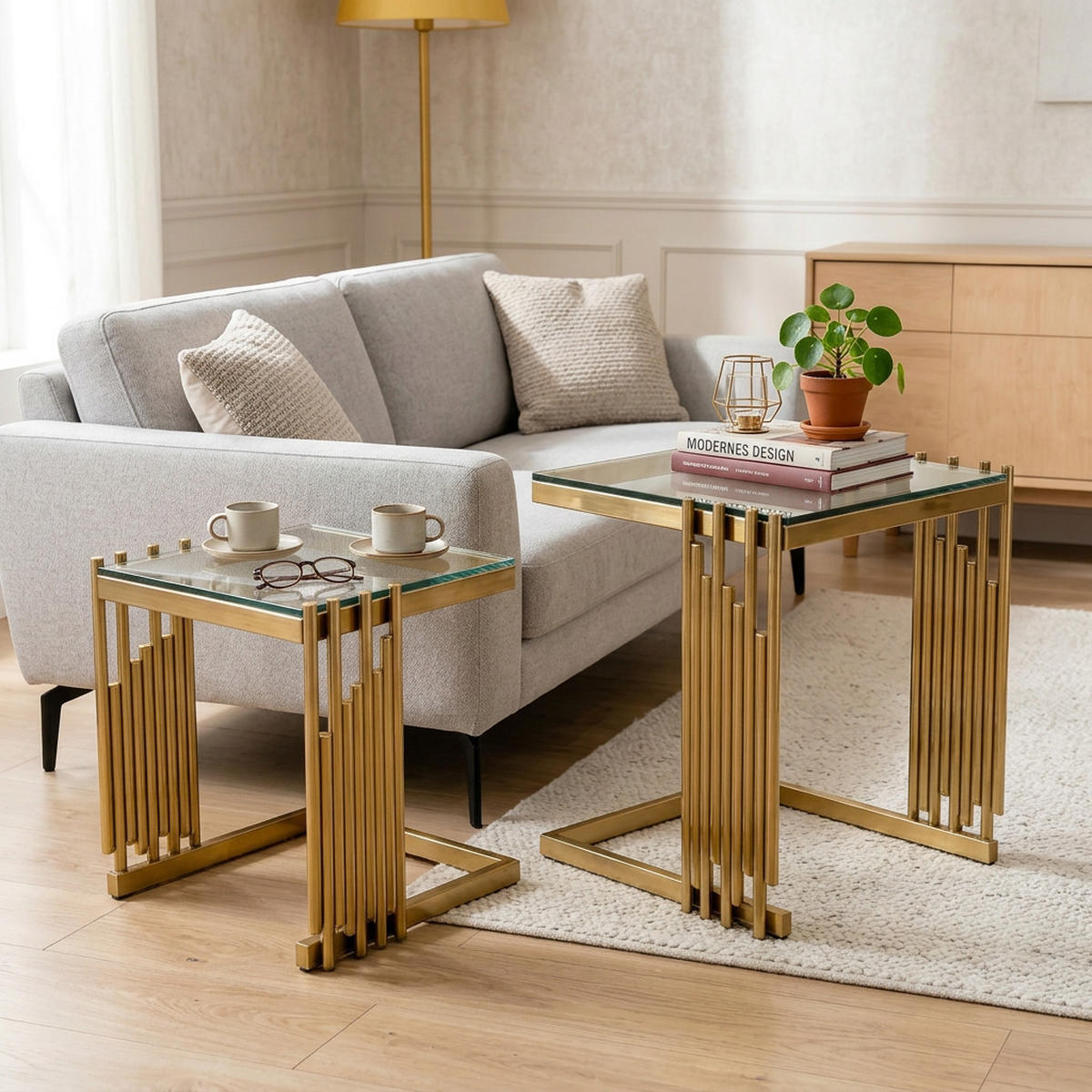 COUCHTISCH mit gehärteter Glasplatte Metallgestell zweiteilig modern Transparent Standardgröße - Goldfarben, Glas/Holzwerkstoff (41/41/46cm) - EVRYAE