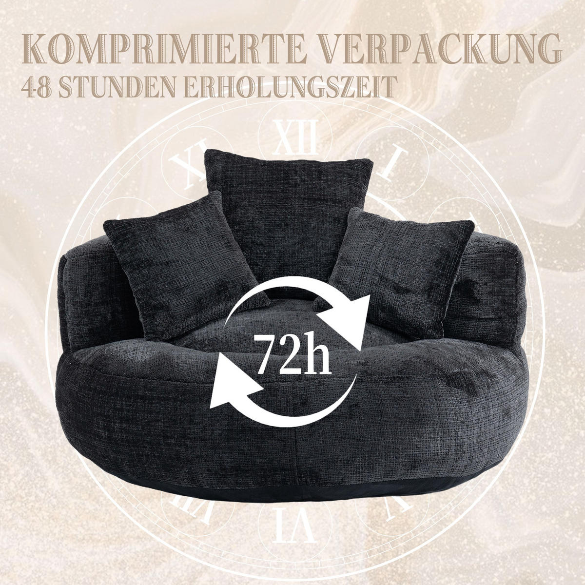 SITZSACK Chenille, Sofa mit 3 extra Kopfkissen,Chenille,Schwarz - Schwarz, Textil (108/52/108cm) - LVHOM