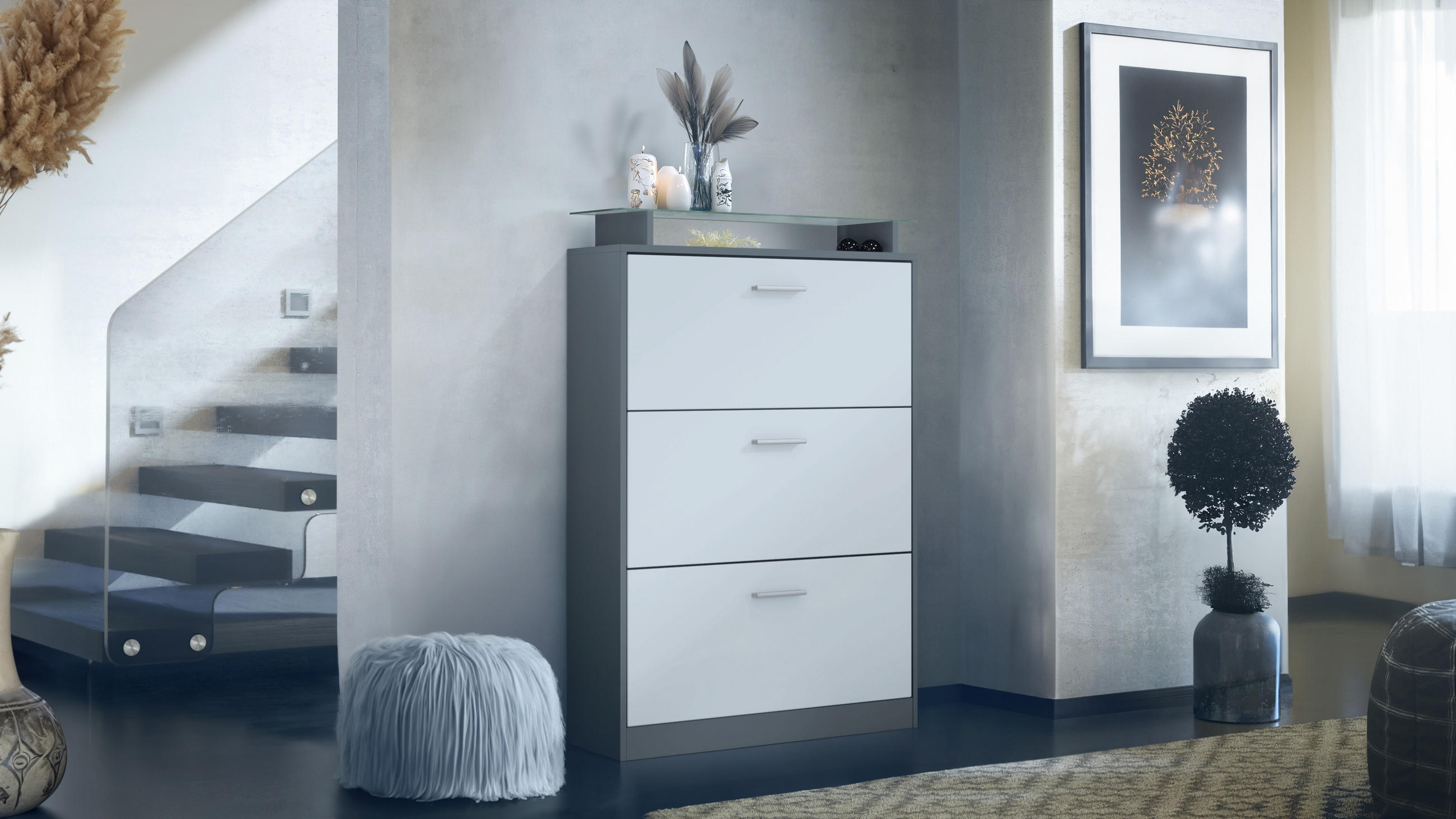 Thumbnail - Vladon Schuhschrank, Weiß, Holzwerkstoff, 89x128x23 cm, Garderobe, Schuhaufbewahrung, Schuhkipper