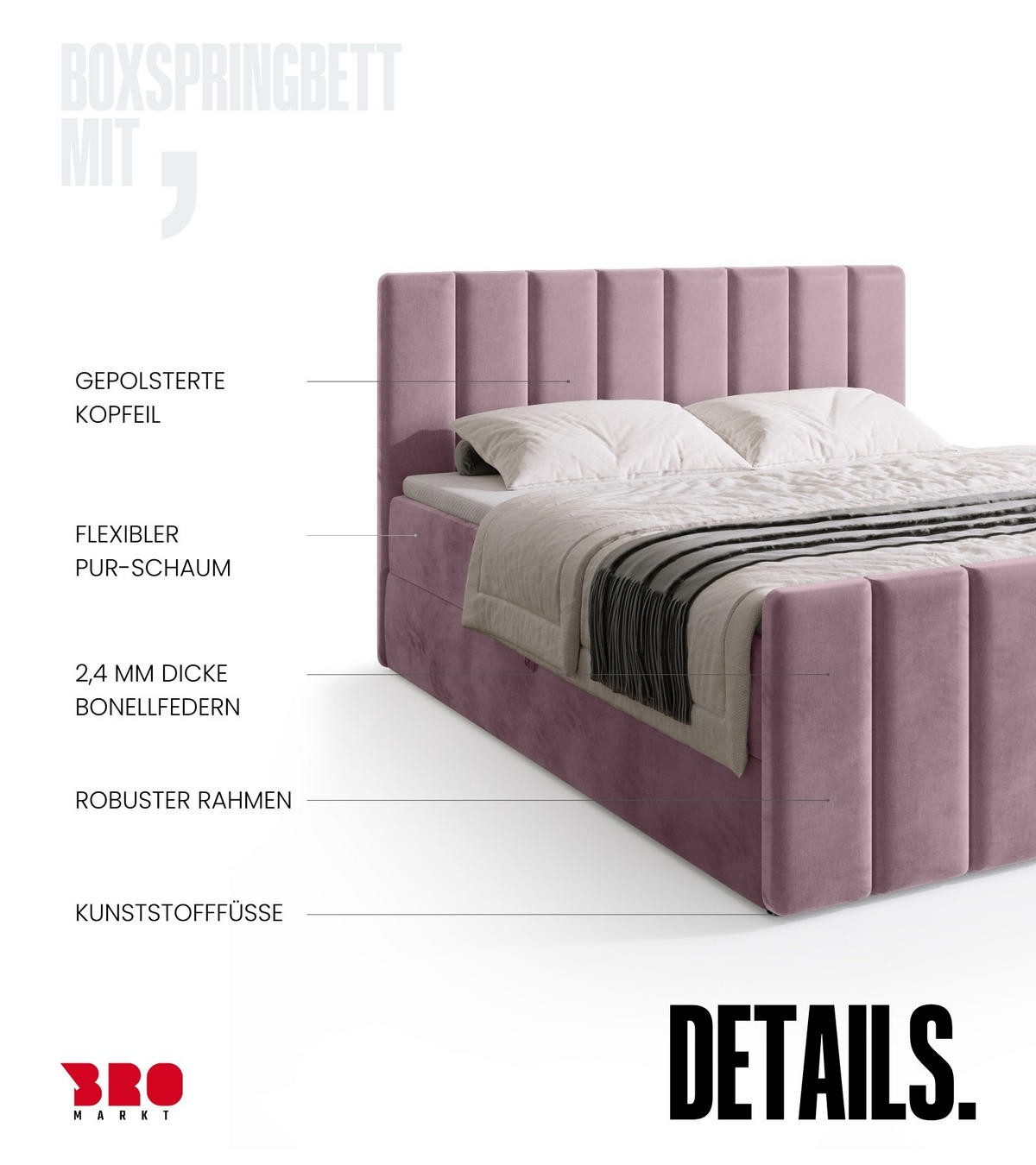 BOXSPRINGBETT Denver DUO mit Topper 160x200 Puderrosa - Rosa, Textil (160/200cm) - Bromarkt