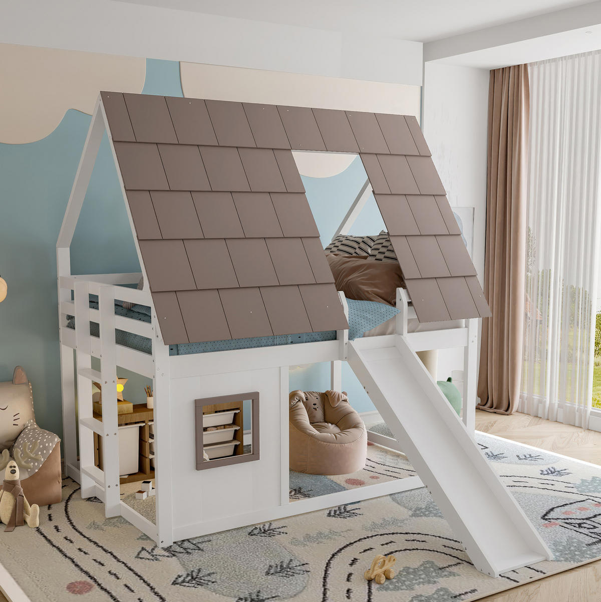 HAUSBETT 140/200 cm Weiß/Braun mit Leiter und Rutsche - Braun, Holzwerkstoff (140/200cm) - Flora Grace