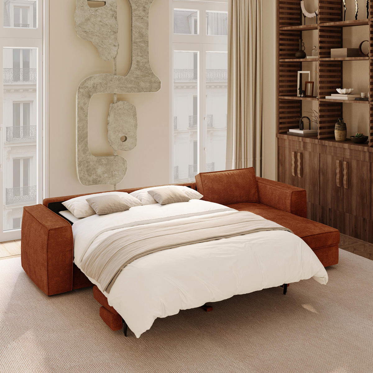 ECKSOFA rechtwinklig MIKA Kettgewebe mit weichem Griff Terrakotta 292cm - Dunkelorange/Terracotta, Textil (292/100cm) - Premium Interiors
