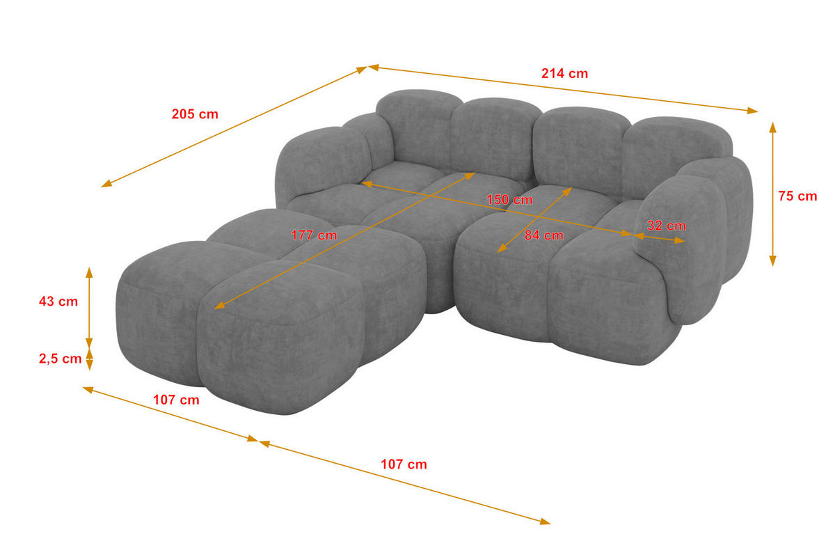 ECKSOFA modulares Sofa Links Miko-L1 214x205x75 Grau Velours - Schwarz/Grau, Holzwerkstoff/Kunststoff (214/205cm) - ALTDECOR