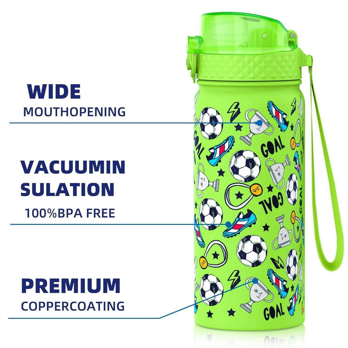 KINDER Trinkflasche mit Strohhalm 550 ml Edelstahl Grün Fußball - Grün, Metall (7.5/7.5cm)