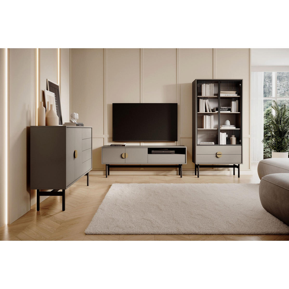 TV-STOLEK Stoon II Kamenná šedá 154 cm - šedá/černá, kov/kompozitní dřevo (154/57/38cm) - Selsey