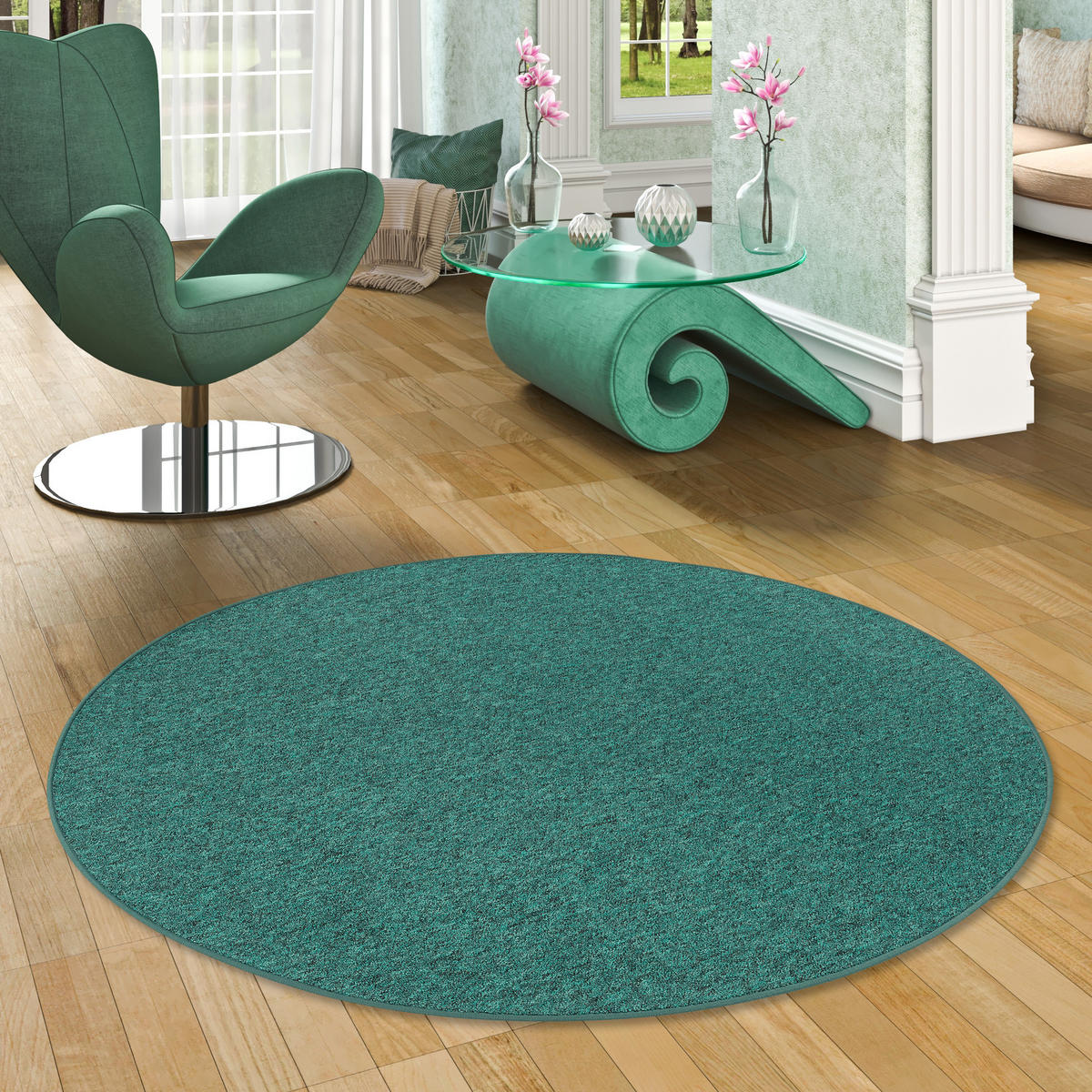 FEINSCHLINGEN VELOUR TEPPICH STRONG RUND - Petrol, Textil (160/160cm) - Snapstyle