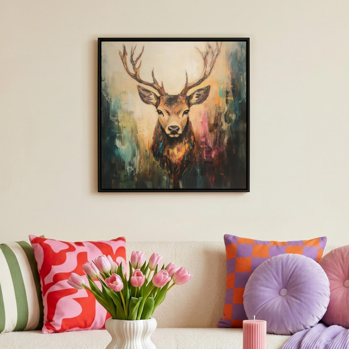 LEINWAND Bilder mit Rahmen - Hirsch - Gemalt - Geweih - Braun - 50x50 - Haselnussfarben, Textil (50/50cm) - MuchoWow