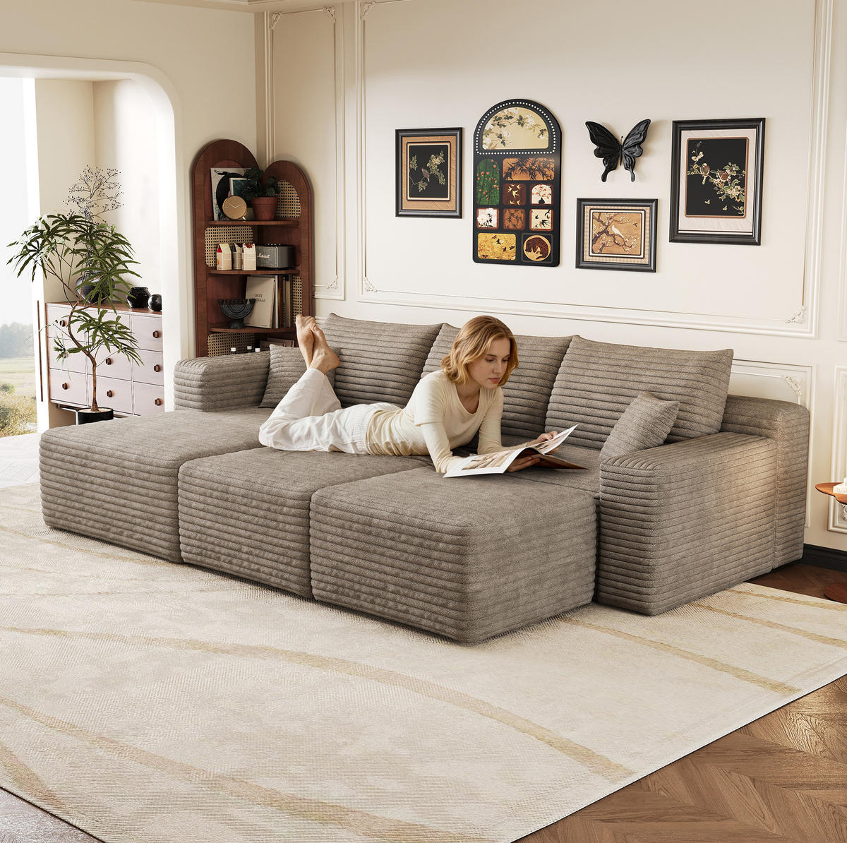 ECKSOFA 241/151/58 cm camel aus Stoff mit Chaise longue ohne Montage - Hellgrau, Textil (151/241cm) - OKWISH
