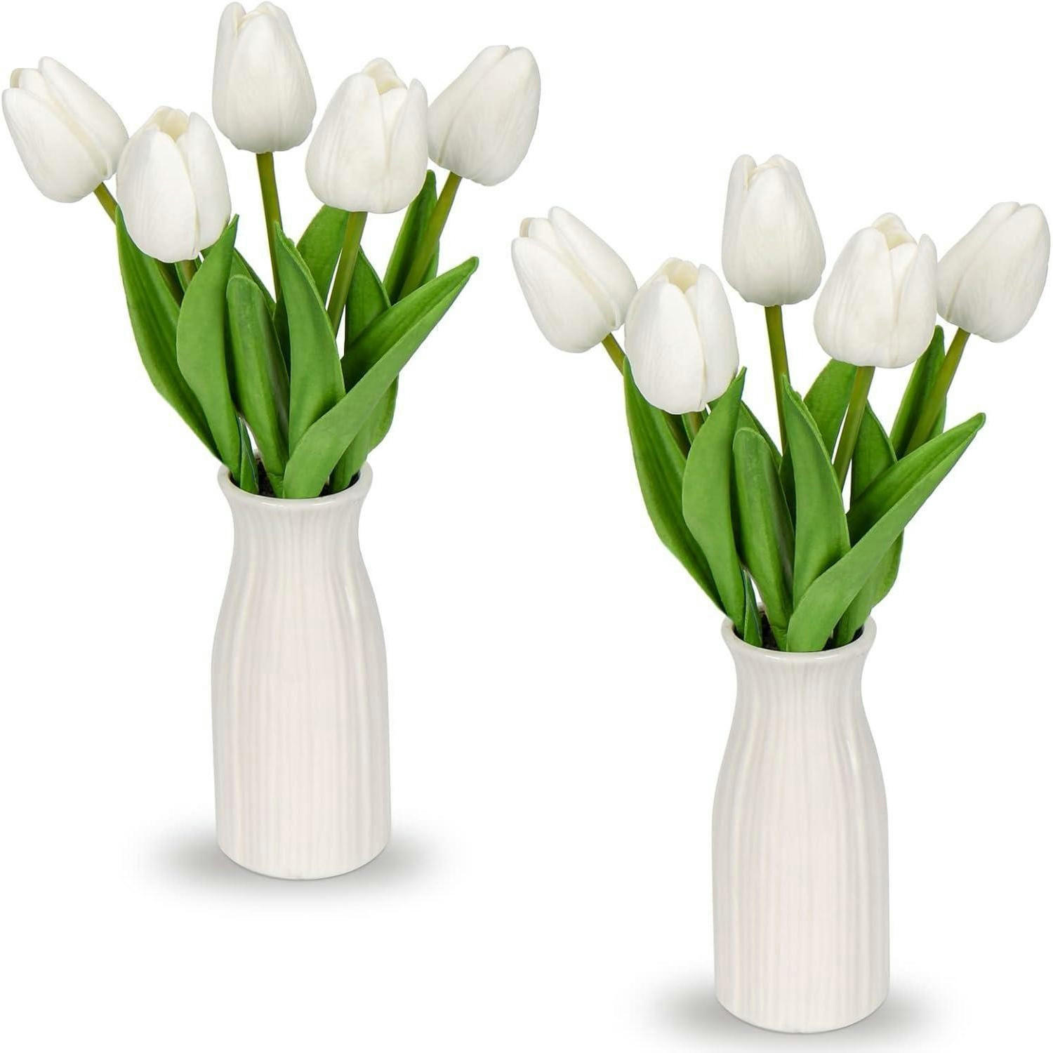 KUNSTBLUMEN Tulpenbund mit Vase Weiß 30 cm - Weiß, Keramik (27cm)