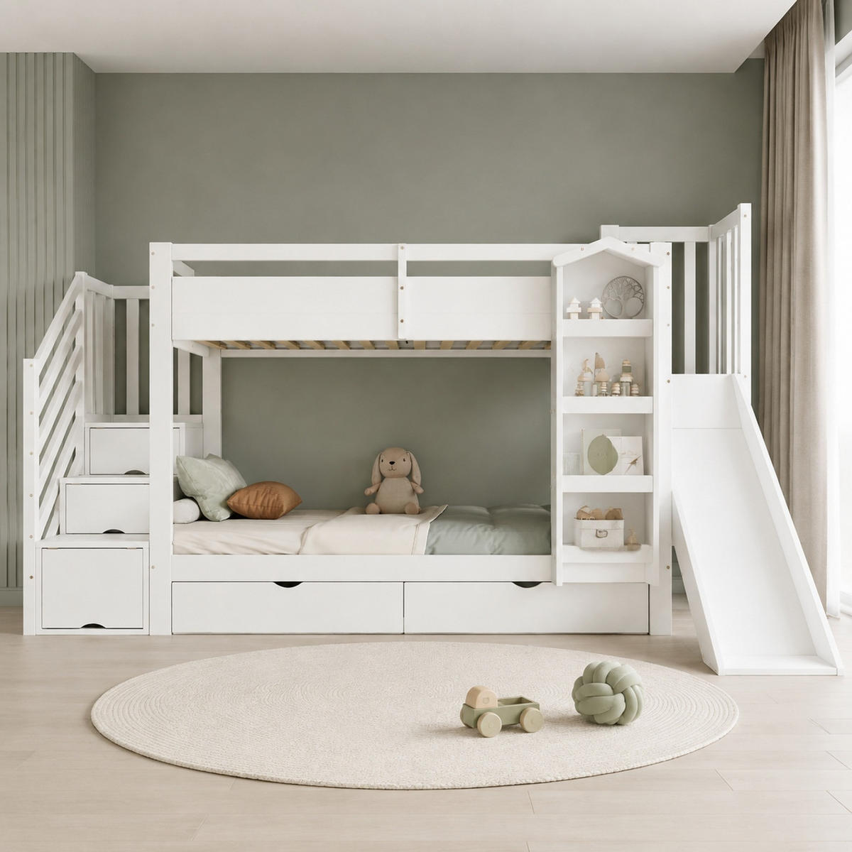 ETAGENBETT 90/200 mit Rutsche, Bilderbuchregal und Treppenaufbewahrung in Weiß - Weiß, Holzwerkstoff (90/200cm) - EVRYAE