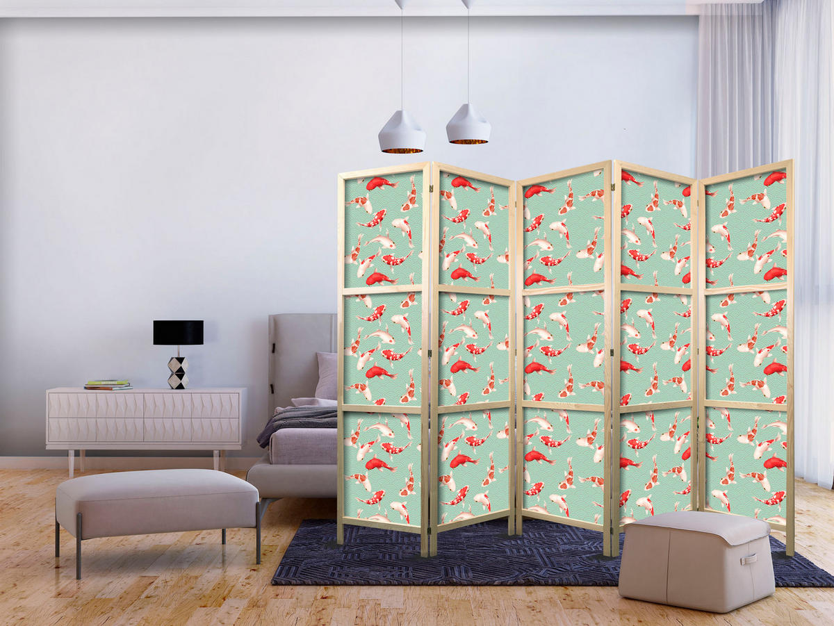 PARAVENT Japanischer 5-tlg 225x172 cm Koi-Fische - Grün, Holz/Textil (225/172/3cm) - Muralo