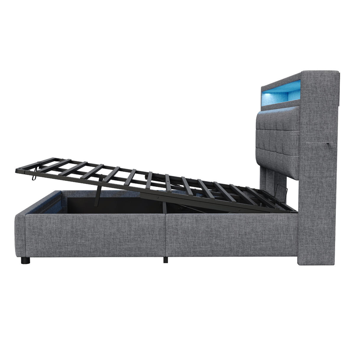 POLSTERBETT 160/200 cm grau aus Leinenstoff mit LED und Stauraum - Grau, Textil (160/200cm) - OKMYHOME
