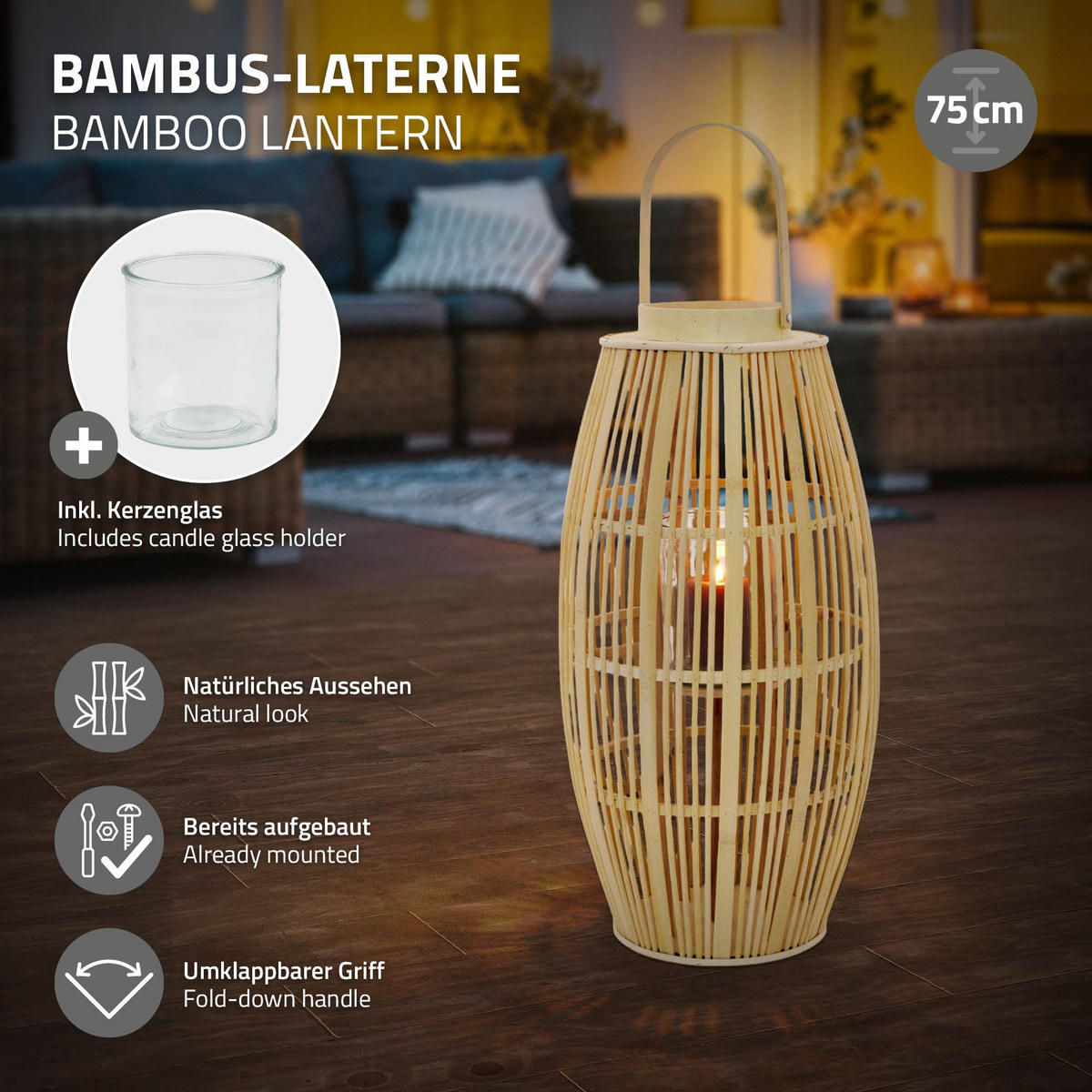 BAMBUSOVÁ LAMPION V: 75 cm, dřevěná barva, styl boho - přírodní, dřevo (30/75/30cm) - ECD-Germany