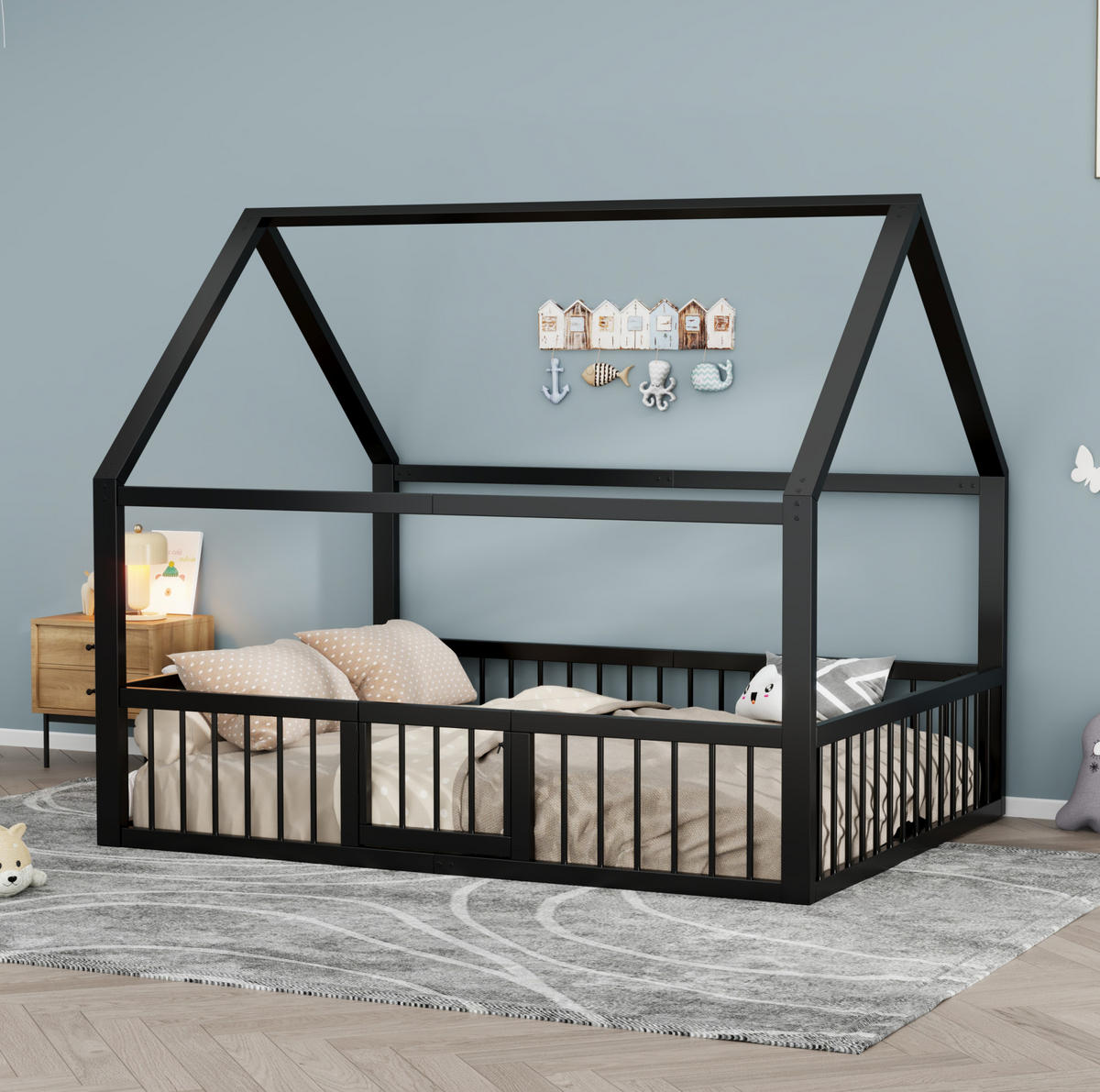 KINDERBETT 140/200 cm schwarz aus Metall mit Dach und Gitter - Schwarz, Metall (140/200cm) - OKWISH
