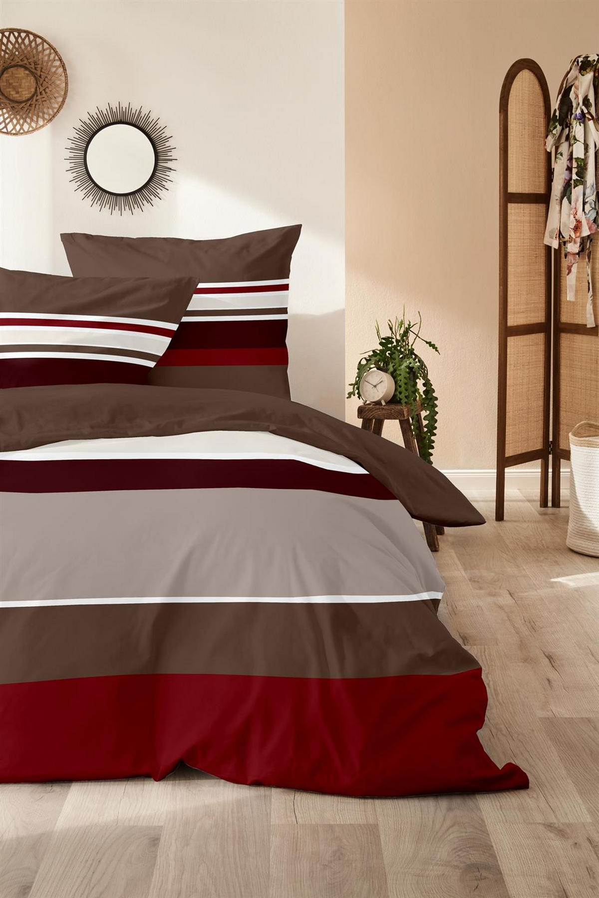 BIBER-BETTWÄSCHE 135x200 - Kuschelig warmer Flanell Bettbezug aus 100% Baumwolle für Herbst & Winter - Streifen Muster Rot - Rot, Textil (135/200cm) - Carpe Sonno