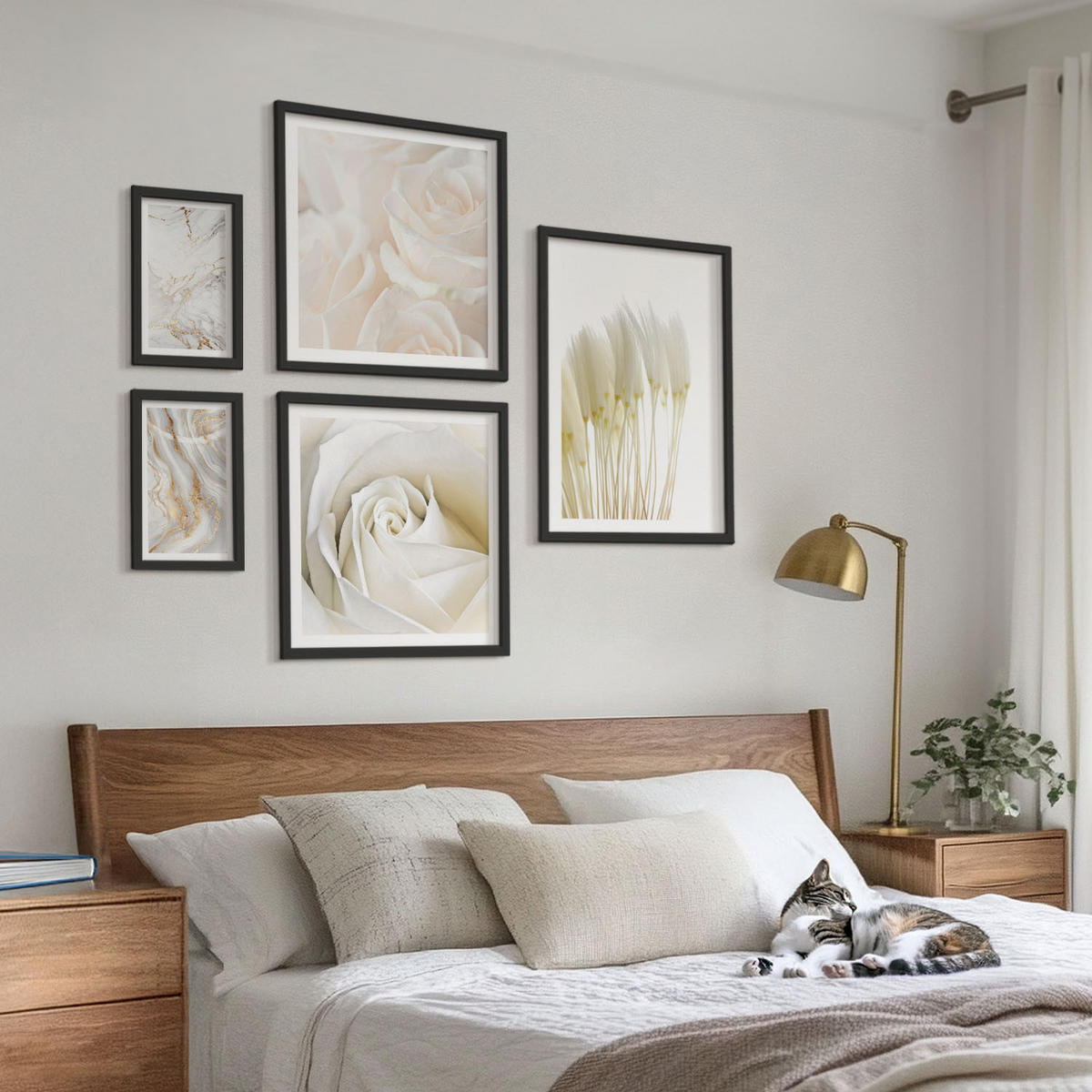 BILDER SET 5er Set - 50x50 cm & 20x30 cm & 40x60 cm Schwarzer Rahmen - Elegante Marmormuster - Schwarz, Kunststoff (40/60cm) - TULUP