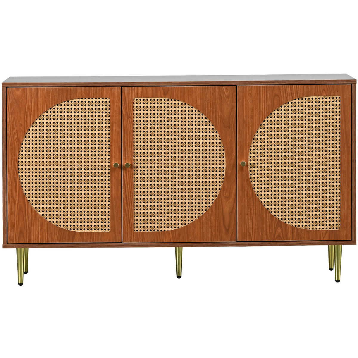 SIDEBOARD 129,8/40/76 cm mit 3 Türen in Walnussfarben & Rattan-Optik - Walnussfarben, Holzwerkstoff (129.8/76/40cm) - BEAOK