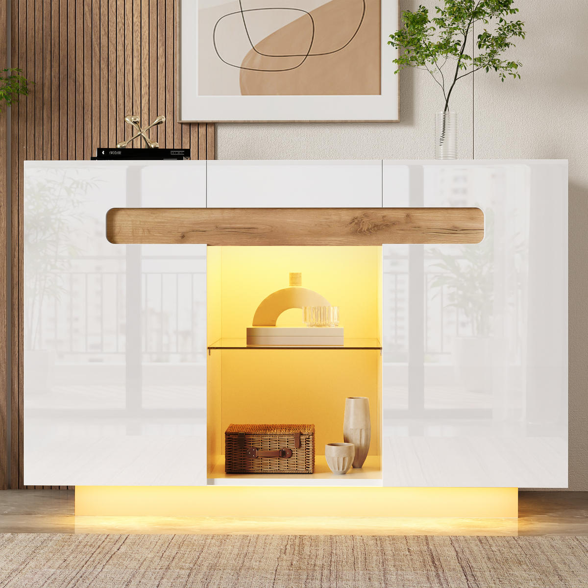SIDEBOARD in Weiß Mehrzweckschrank mit Schublade und LED, hochglänzende Fronten, B120/T40/H80 cm, für Wohn- und Küche - Weiß, Glas/Holzwerkstoff (120/80/40cm) - STILVORA