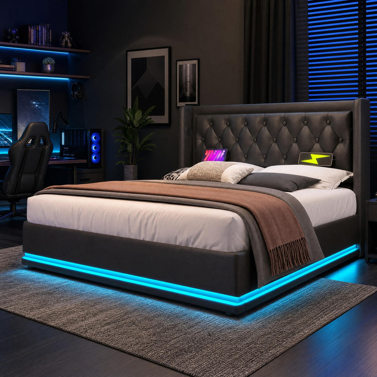 POLSTERBETT 160/200 mit Bettkasten, LED-Beleuchtung und USB Type-C Ladefunktion in Schwarz - Schwarz, Holzwerkstoff/Textil (160/200cm) - EVRYAE