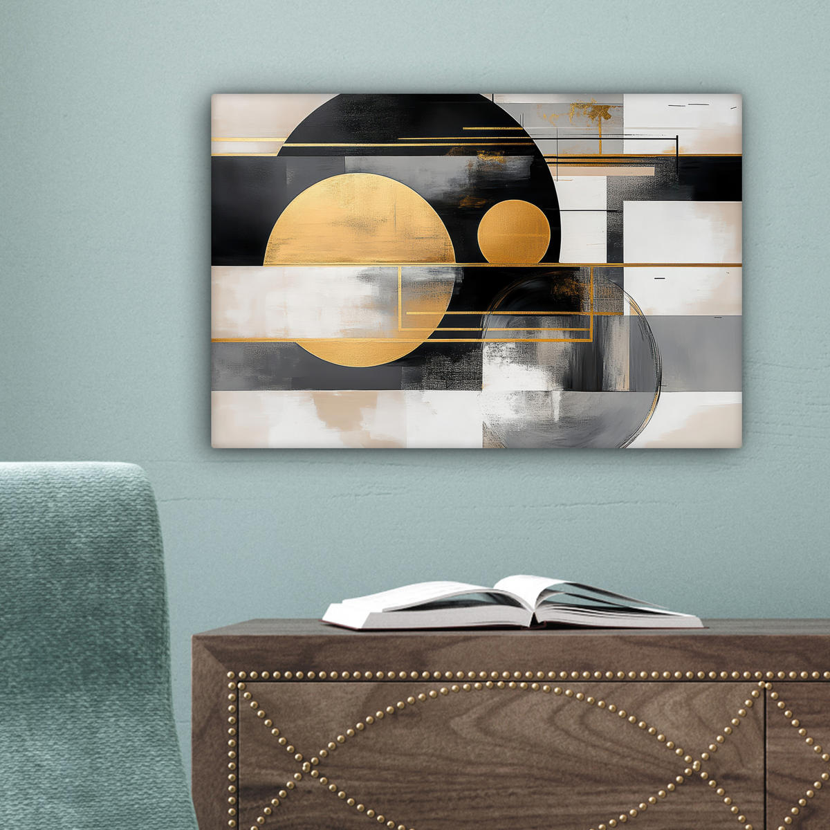 LEINWANDBILD Abstrakt - Gold - Silber - Formen - Ästhetisch - Modern Deko Schlafzimmer 30x20 cm - Goldfarben, Textil (30/20cm) - MuchoWow