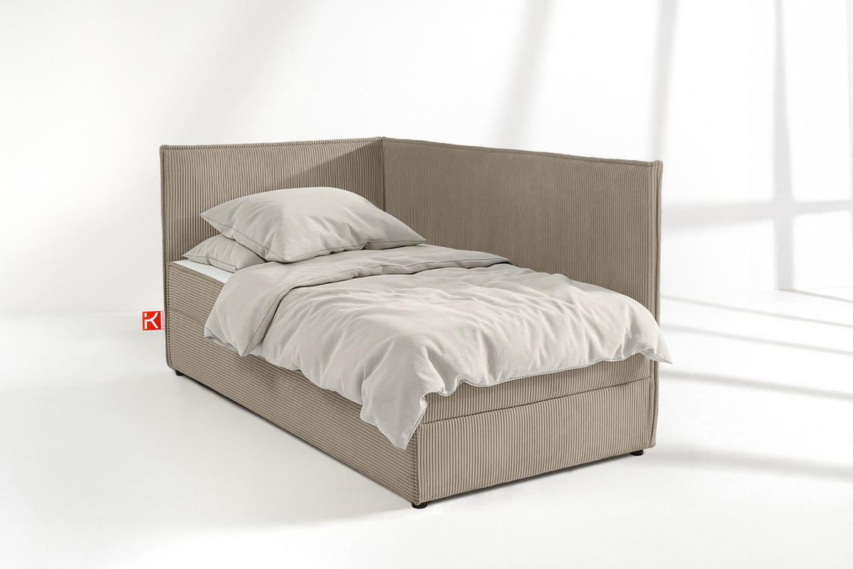 JUGENDBETT ROTI Einzelbett mit Bettkasten, 90x200cm, Bett mit Bonellmatratze, mit Rückenlehne - Beige/Schwarz, Holz/Holzwerkstoff (92/200cm) - KONSIMO®