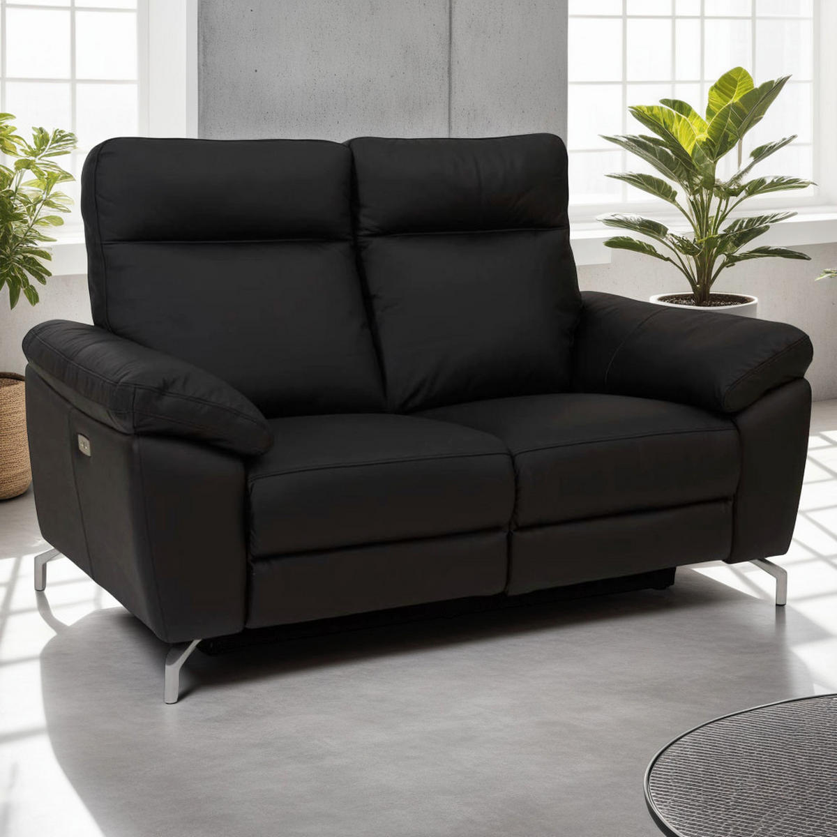ZWEISITZER-SOFA Echtleder Schwarz - Schwarz, Leder/Metall (162/101/96cm) - Furnhouse