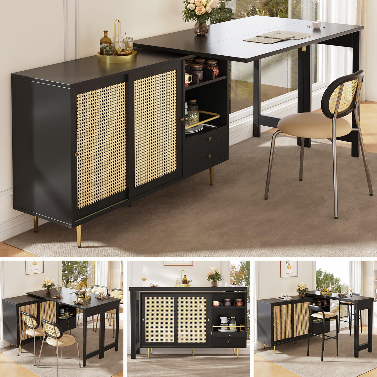SCHREIBTISCHKOMBINATION mit Rattan-Türen, 187/40/76cm - Schwarz, Holzwerkstoff (187/40/76cm) - Urban Meuble