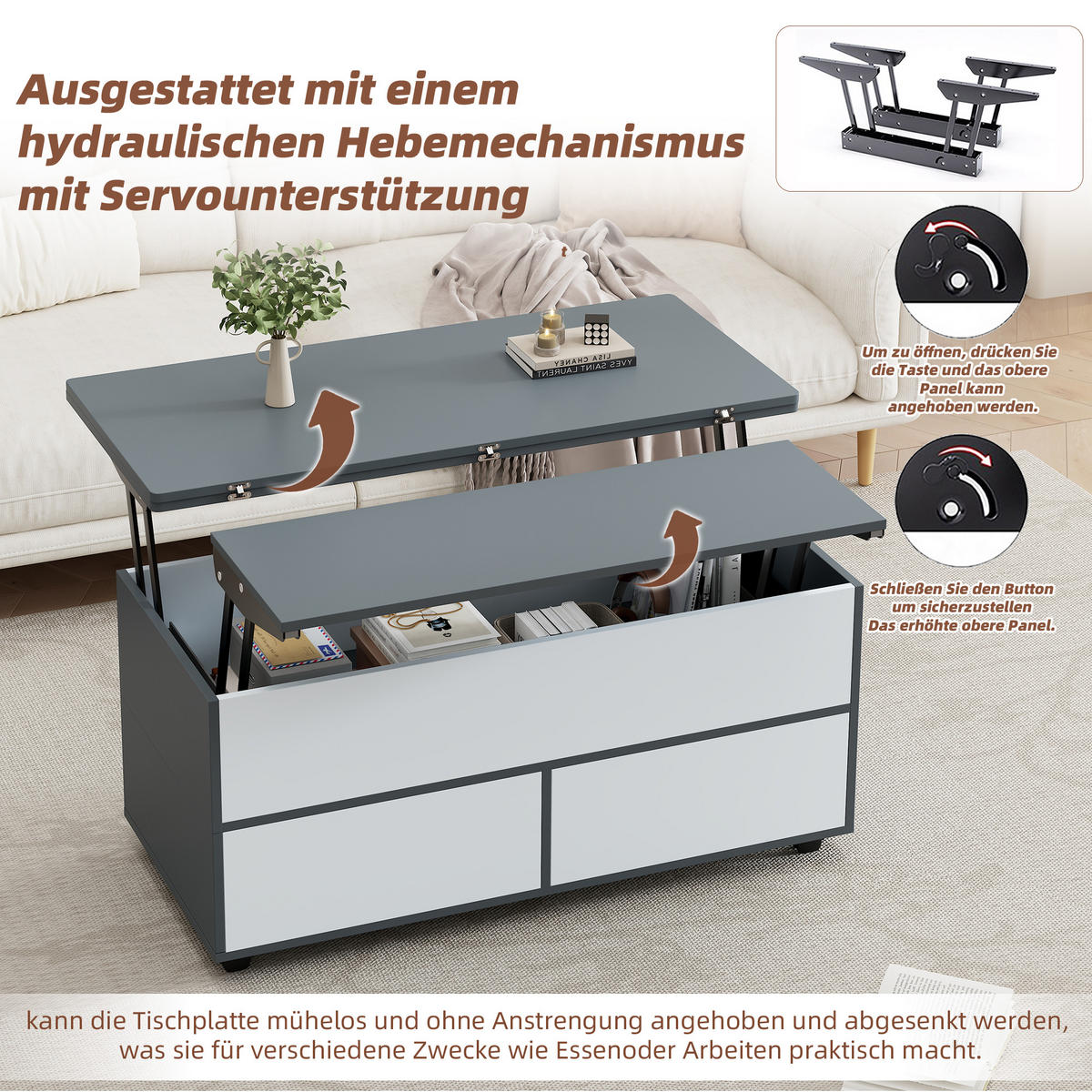 COUCHTISCH DE-174 mit Hydraulischem Lift Grau/Weiß - Grau, Holzwerkstoff (98/100/65cm) - ComfortXL