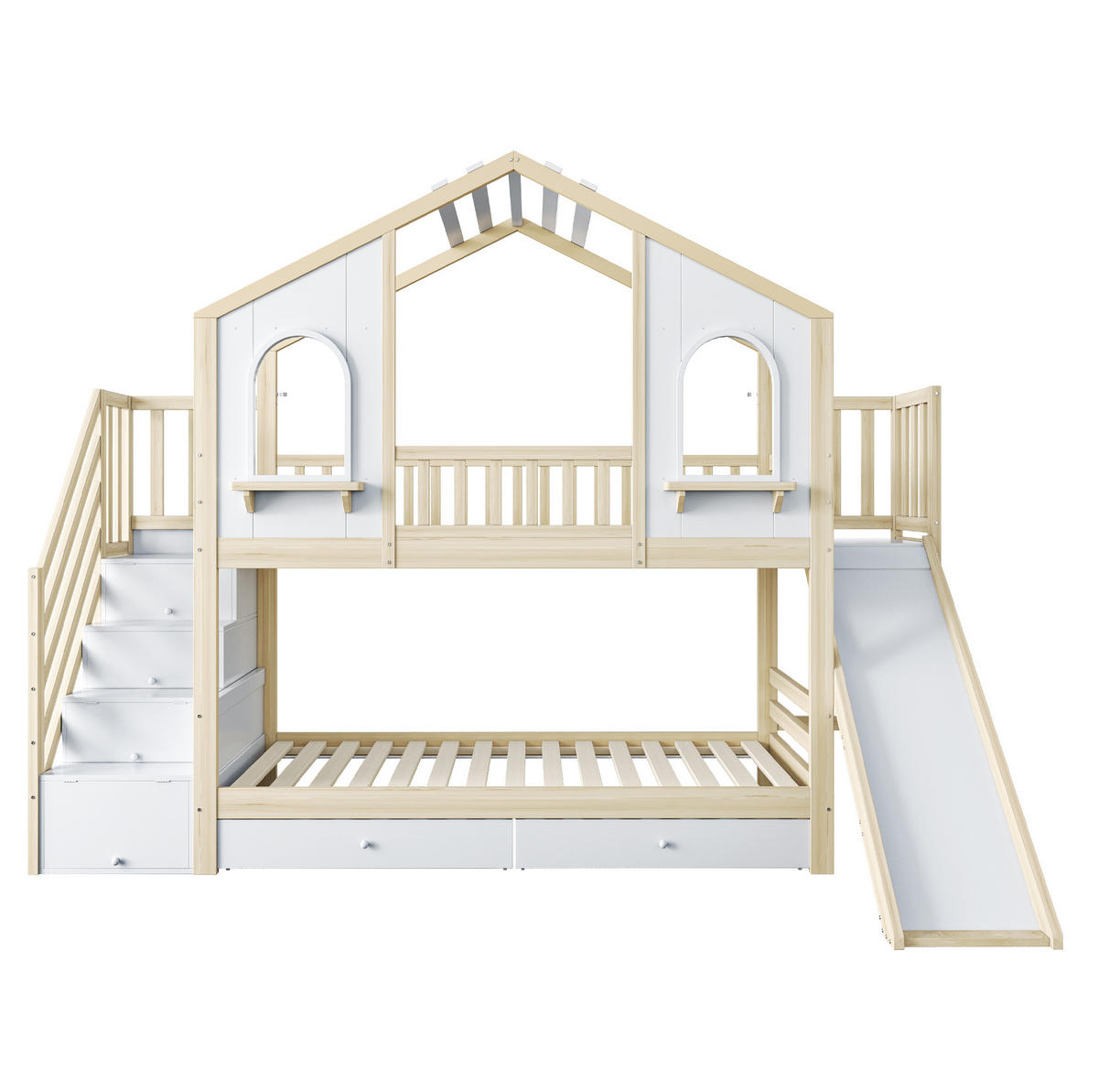 ETAGENBETT Hausform 90/200 cm, Weiß/Naturholz mit Rutsche - Naturfarben, Holz (90/200cm) - MIVRAY