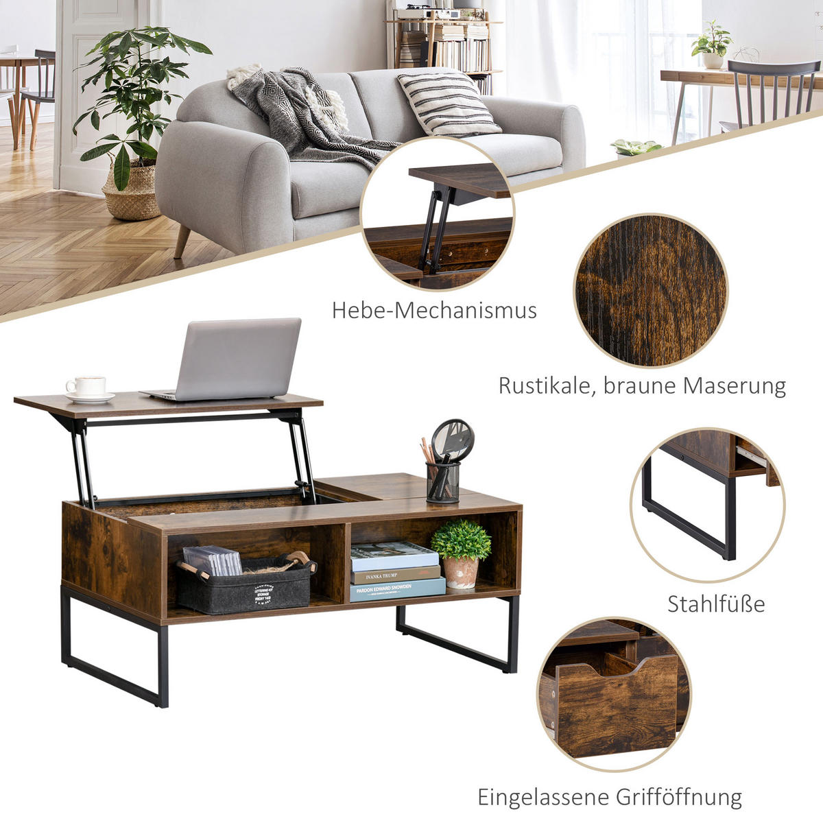 COUCHTISCH Höhenverstellbar, Spanplatte, Metall, Braun - Braun, Holzwerkstoff/Metall (100/60/44cm) - HOMCOM