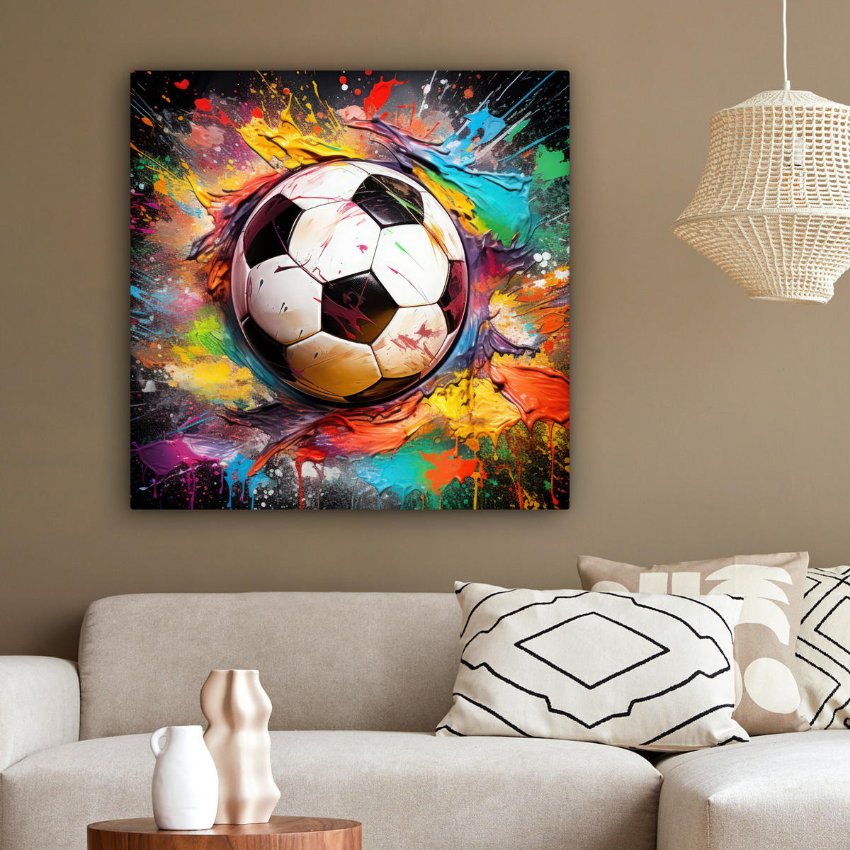 LEINWANDBILD Fußball - Farbe - Farben - Schwarz - Weiß 90x90 cm - Weiß, Textil (90/90cm) - MuchoWow