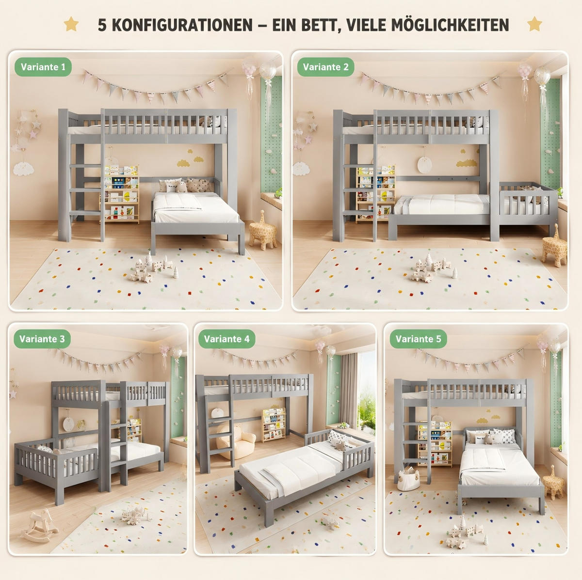 KINDERBETT-SET aus Kiefernholz 90x200 cm Grau, modular als Hoch- und Einzelbett - Grau, Holz (90/200cm) - Modfu