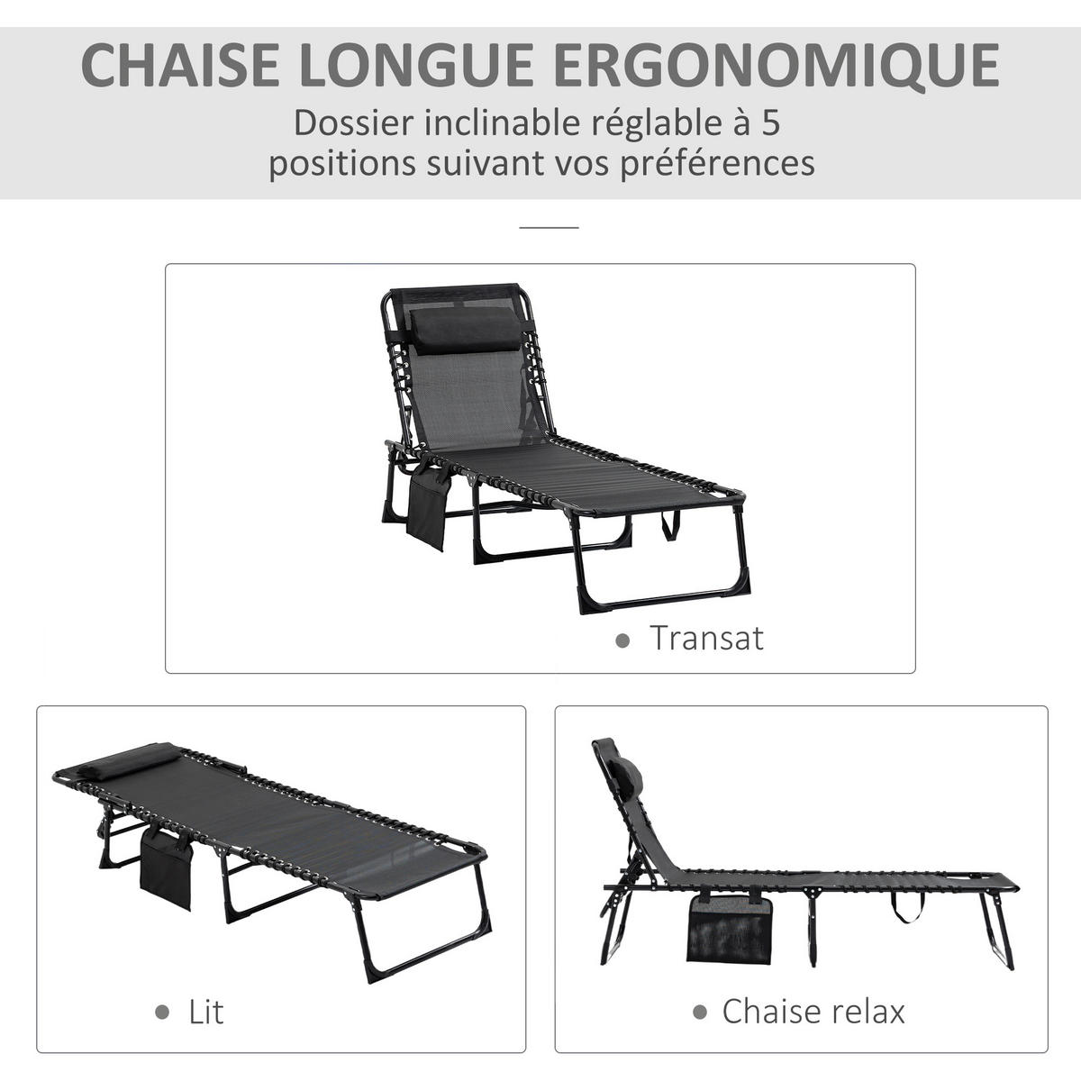 SONNENLIEGE DE-15609 189/58/30 cm, 5-fach verstellbar, Seitentasche Schwarz - Schwarz, Metall (58/30/189cm) - ComfortXL