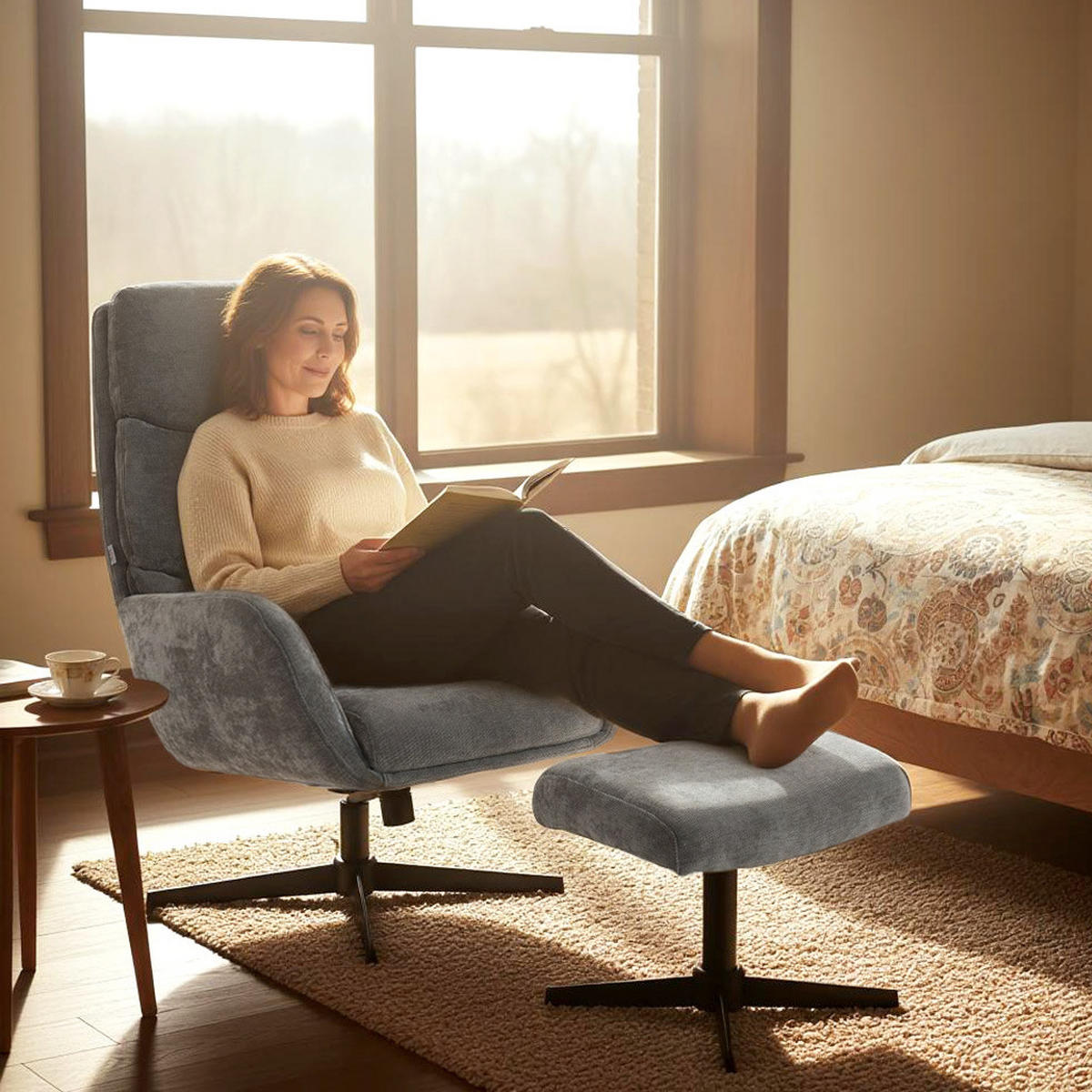 RELAXSESSEL mit Hocker, Fernsehsessel mit hoher Rückenlehne Wippfunktion Grau - Schwarz/Grau, Textil/Metall (66/99/75cm) - HOMCOM