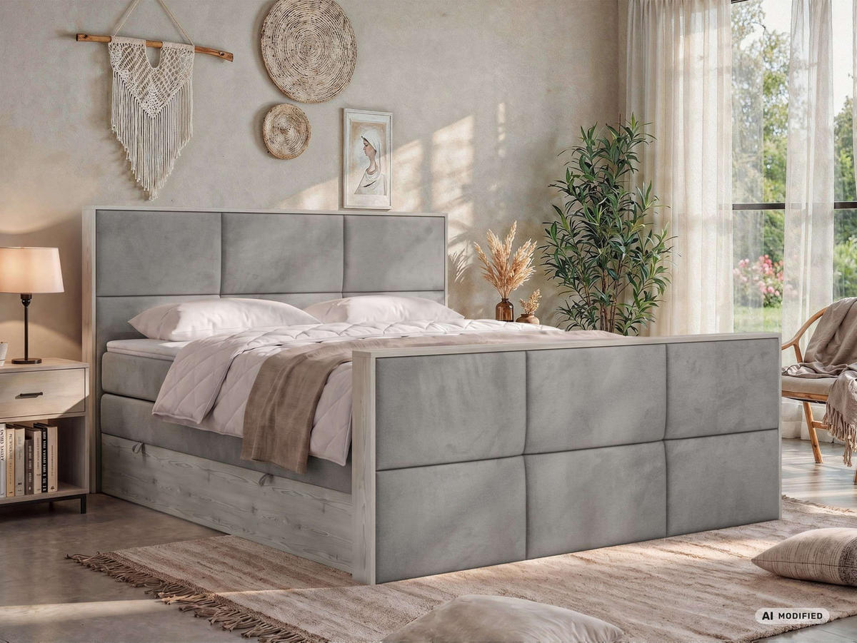 POSTEL BOXSPRING DELNOR KING DUO 200/200 - Světle šedá Samet - Topper Visco - H3 - černá/světle šedá, textil/plast (200/200cm) - MKS