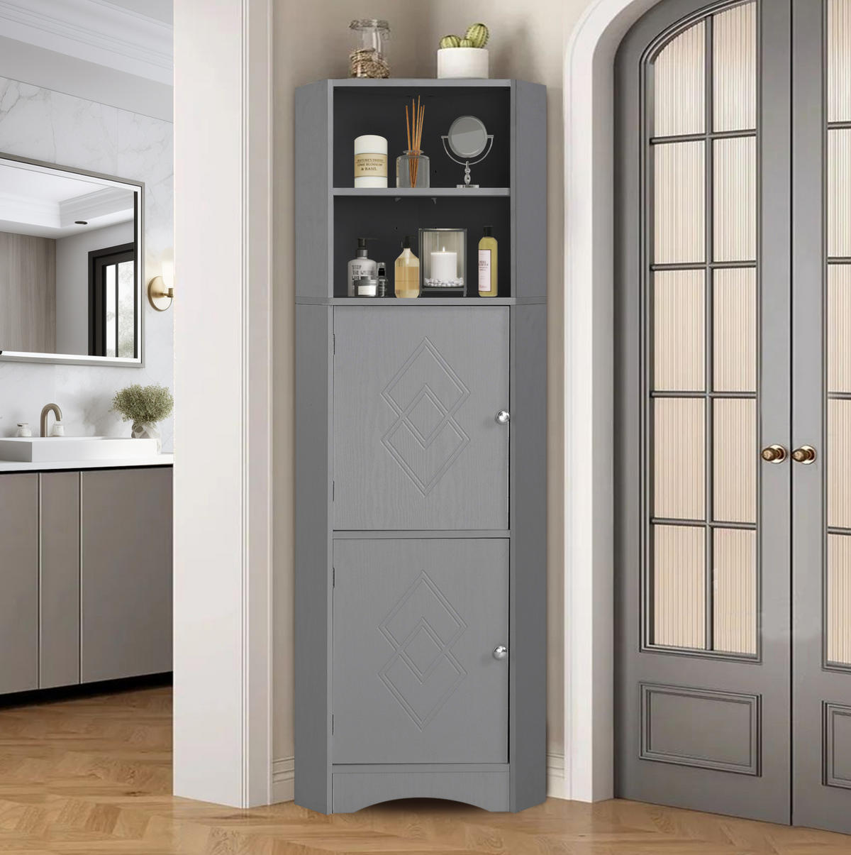 BADEZIMMERSCHRANK Eckschrank 36,5 x 36,5 x 155 cm Grau - Grau, Holzwerkstoff (36.5/155/36.5cm) - Beauniv