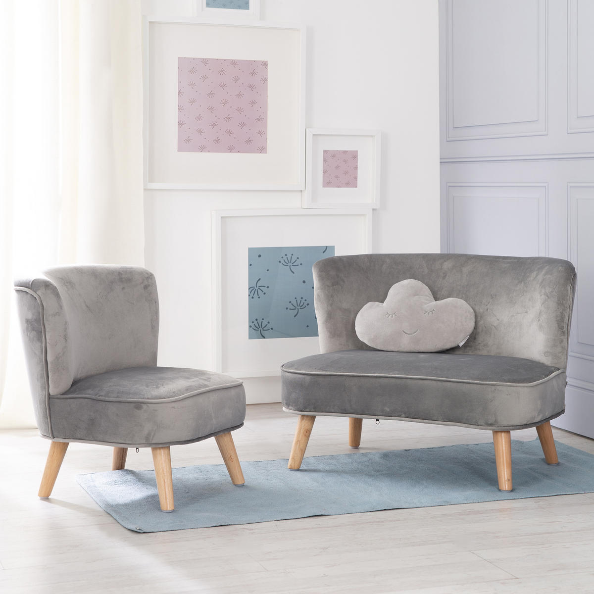 KINDERSOFA 3er-Set silbergrau - Grau, Holzwerkstoff/Textil (70/50/48cm) - Roba