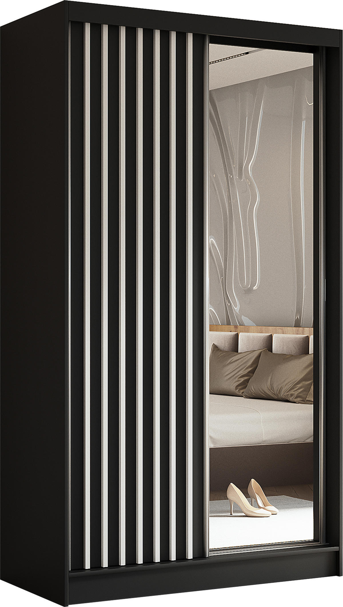 SCHWEBETÜRENSCHRANK Cabinio Schwarz 120/216/61 cm – mit Spiegel und Lamellen - Schwarz/Weiß, Holzwerkstoff/Kunststoff (120/216/61cm) - AX Living