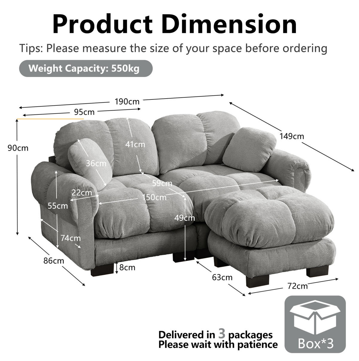 SOFA modular in L-Form Chenille Hellgrau - Hellgrau, Holz (149/190cm) - Meubliv