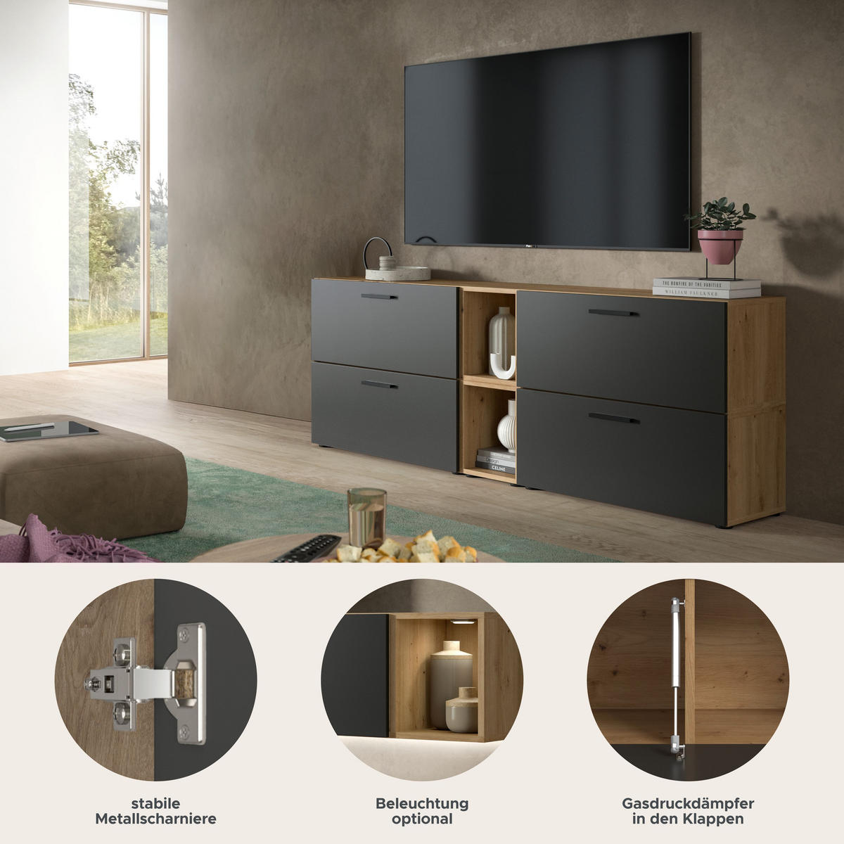 WOHNKOMBINATION THE ONE (B/H/T: ca. 176/67/34 cm) in Artisan Oak Nachbildung/Basalt grau - Eiche Artisan, Holzwerkstoff (176/67/34cm)