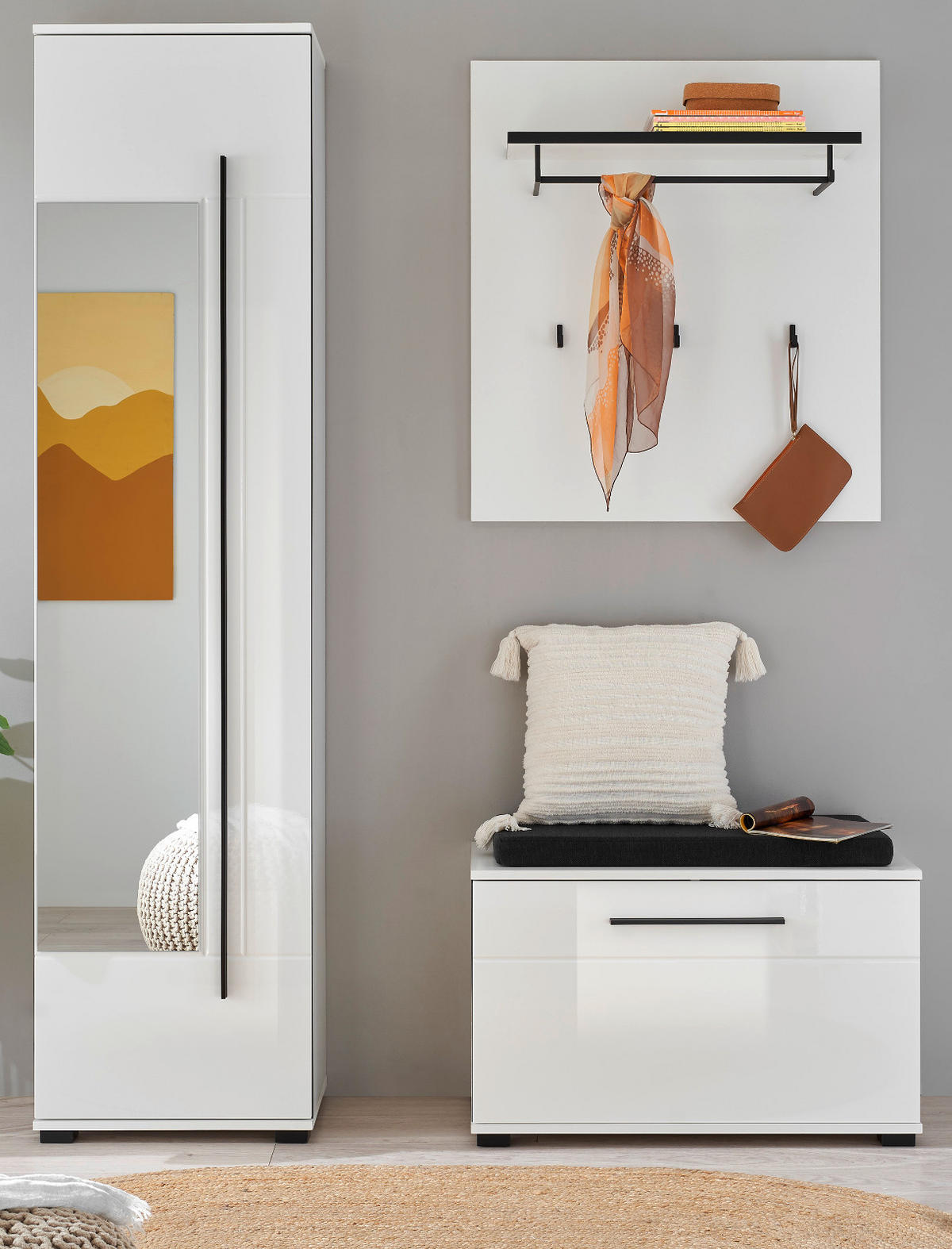 GARDEROBEN-SET weiß Hochglanz 4-teilig 140 cm, Flurgarderobe mit Spiegel - Weiß Hochglanz/Dunkelgrau, Glas/Holzwerkstoff (140/200/40cm) - Furn.Design