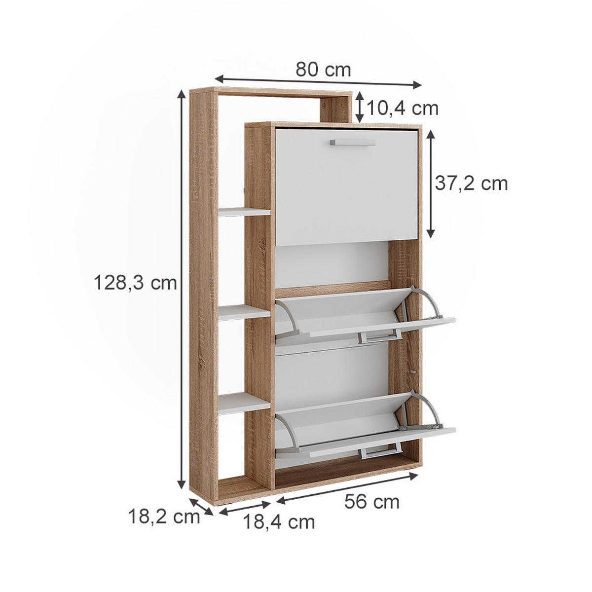SCHUHKIPPER Orlando Weiß/Sonoma 80 x 128.3 cm mit 3 Klappfächern - Weiß/Sonoma Eiche, Holzwerkstoff (80/128.3/18.2cm) - Vicco