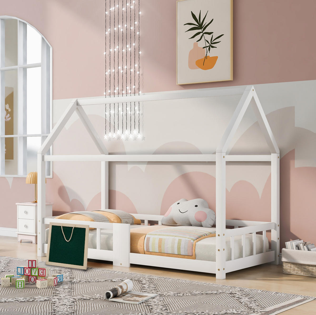 KINDERBETT 90/200 cm Weiß aus Massivholz mit Tafel und Rausfallschutz - Weiß, Holz (90/200cm) - Flora Grace