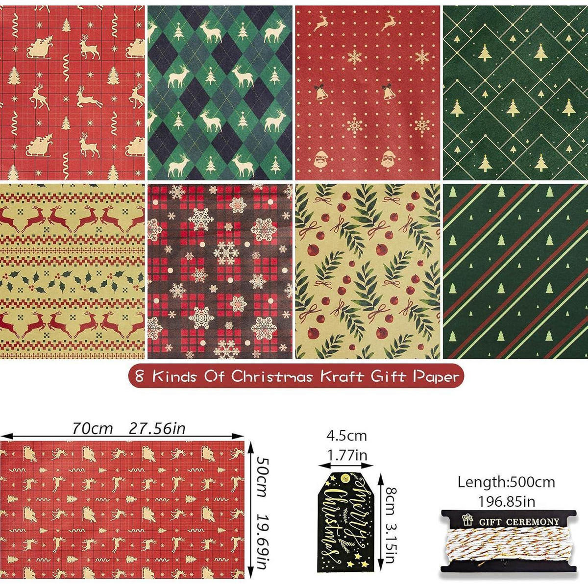 GESCHENKPAPIER Set 8 Blatt mit Anhänger und Packseil 70 x 50 cm - Multicolor, Papier (50/1/70cm)