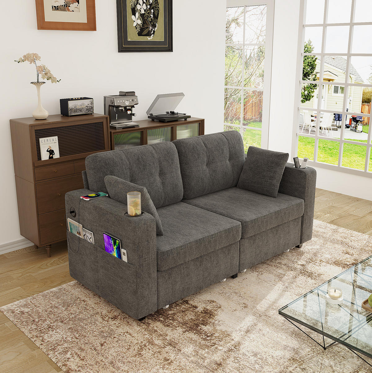 2-SITZER-SOFA 172/75/82 cm mit USB-Anschlüssen, Stauraumschubladen und Getränkehaltern, Chenille, Grau - Grau, Textil (172/82/75cm) - Redom