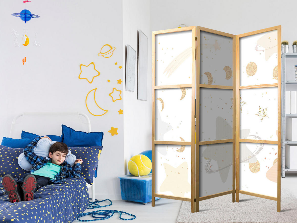 PARAVENT Japanischer 3-tlg 135x172 cm Pastellfarbene Sterne und Monde - Weiß, Holz/Textil (135/172/3cm) - Muralo
