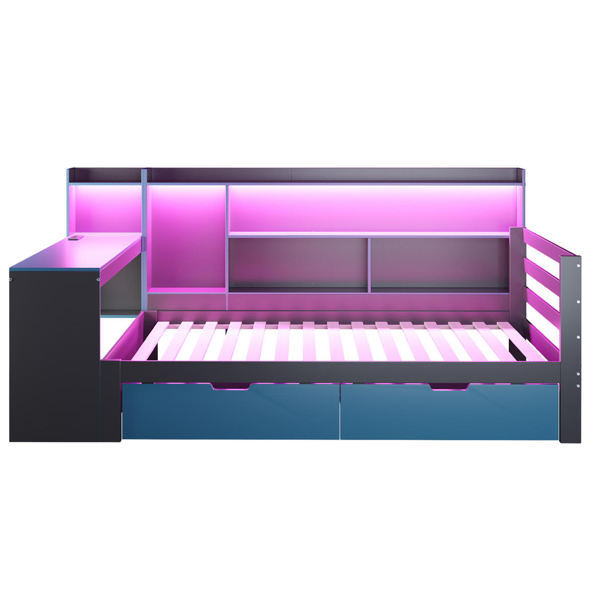 POLSTERBETT 90/200 cm mit Schreibtisch, Regalen, LED und USB-Steckdosen, Schwarz/Blau - Schwarz, Holzwerkstoff (90/200cm) - Redom