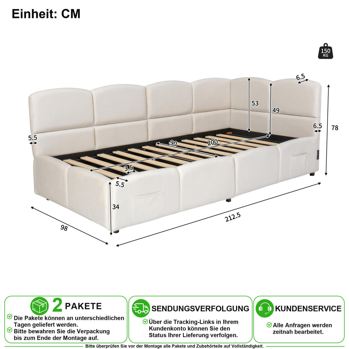 SCHLAFSOFA 90/200 cm in Beige mit Stauraum, USB und Seitentaschen Samt - Beige, Holzwerkstoff/Textil (90/200cm) - CHICFURN